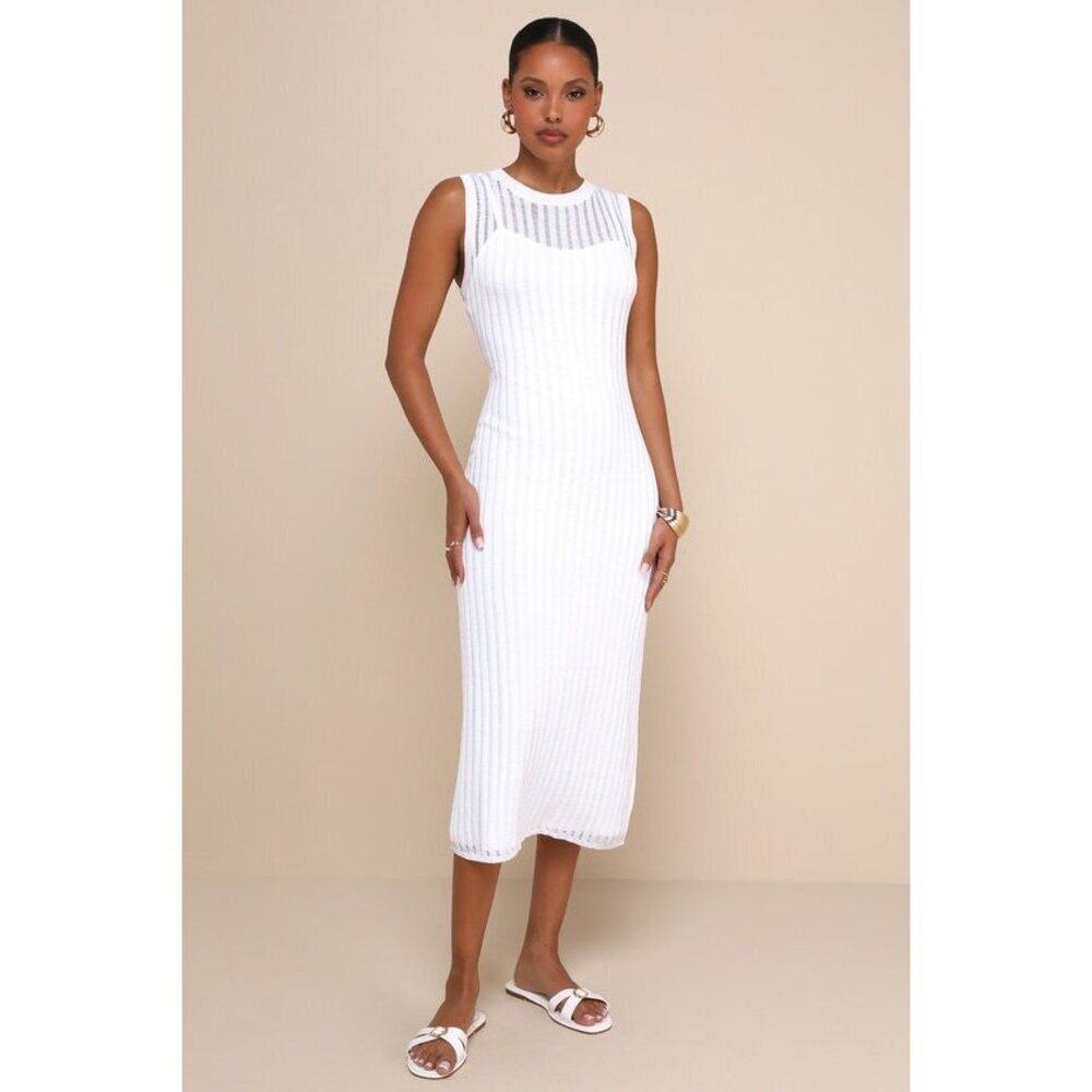 Lulus Effortlessly Sultry White Ribbed Knit Bodycon Midi Dress - Size M